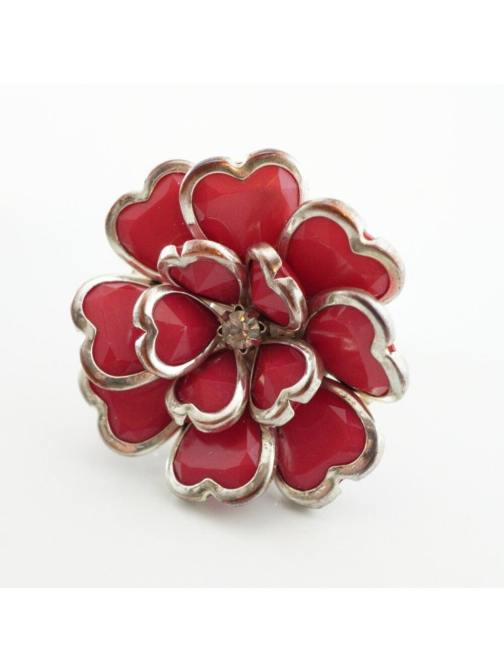Vintage Silver-Tone Statement Red Hearts Petal Flower Stretch Cocktail Ring